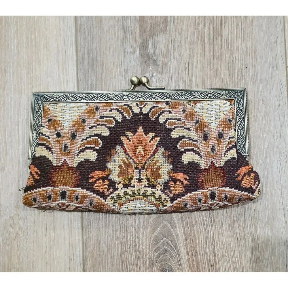 Tapestry Clutch Women OS Brown Excellent Vintage Floral Kiss-Lock Evening Purse
